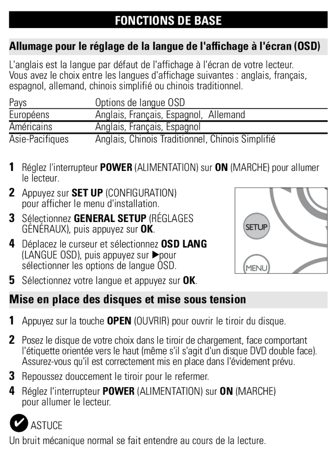 Philips PET821 PET825 user manual Fonctions DE Base, Mise en place des disques et mise sous tension 