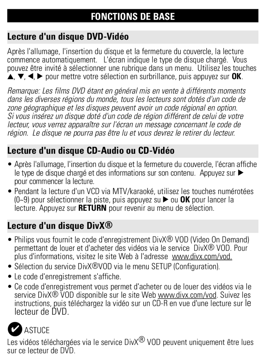 Philips PET821 PET825 Lecture dun disque DVD-Vidéo, Lecture dun disque CD-Audio ou CD-Vidéo, Lecture dun disque DivX 