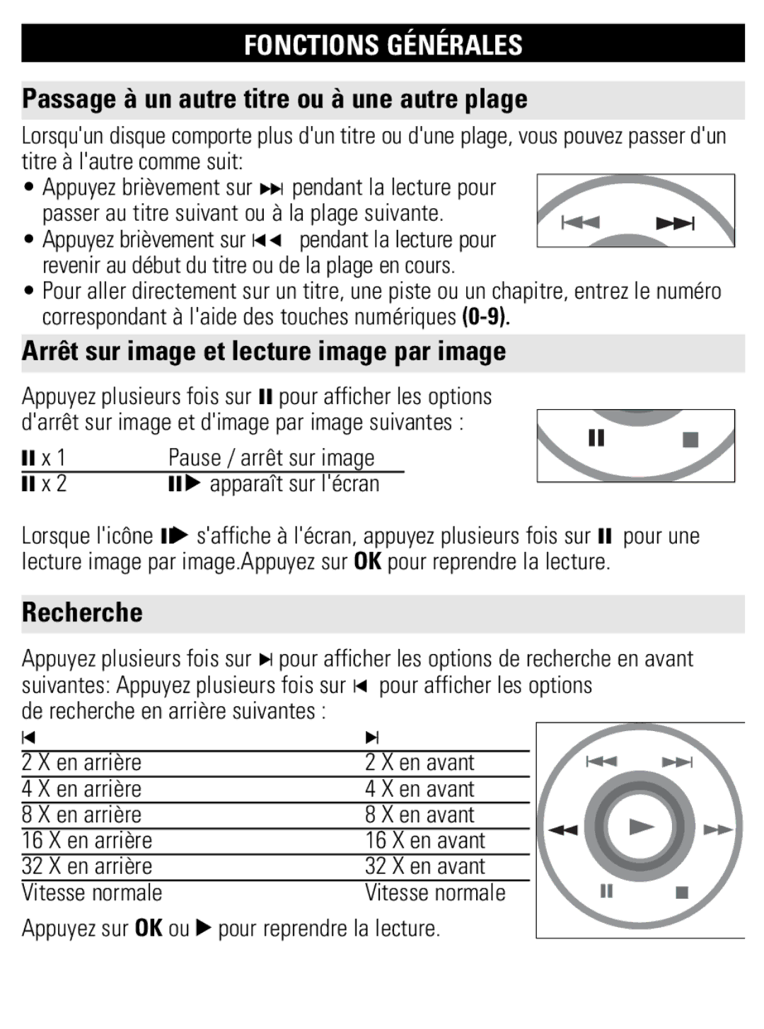 Philips PET821 PET825 user manual Fonctions Générales, Passage à un autre titre ou à une autre plage, Recherche 