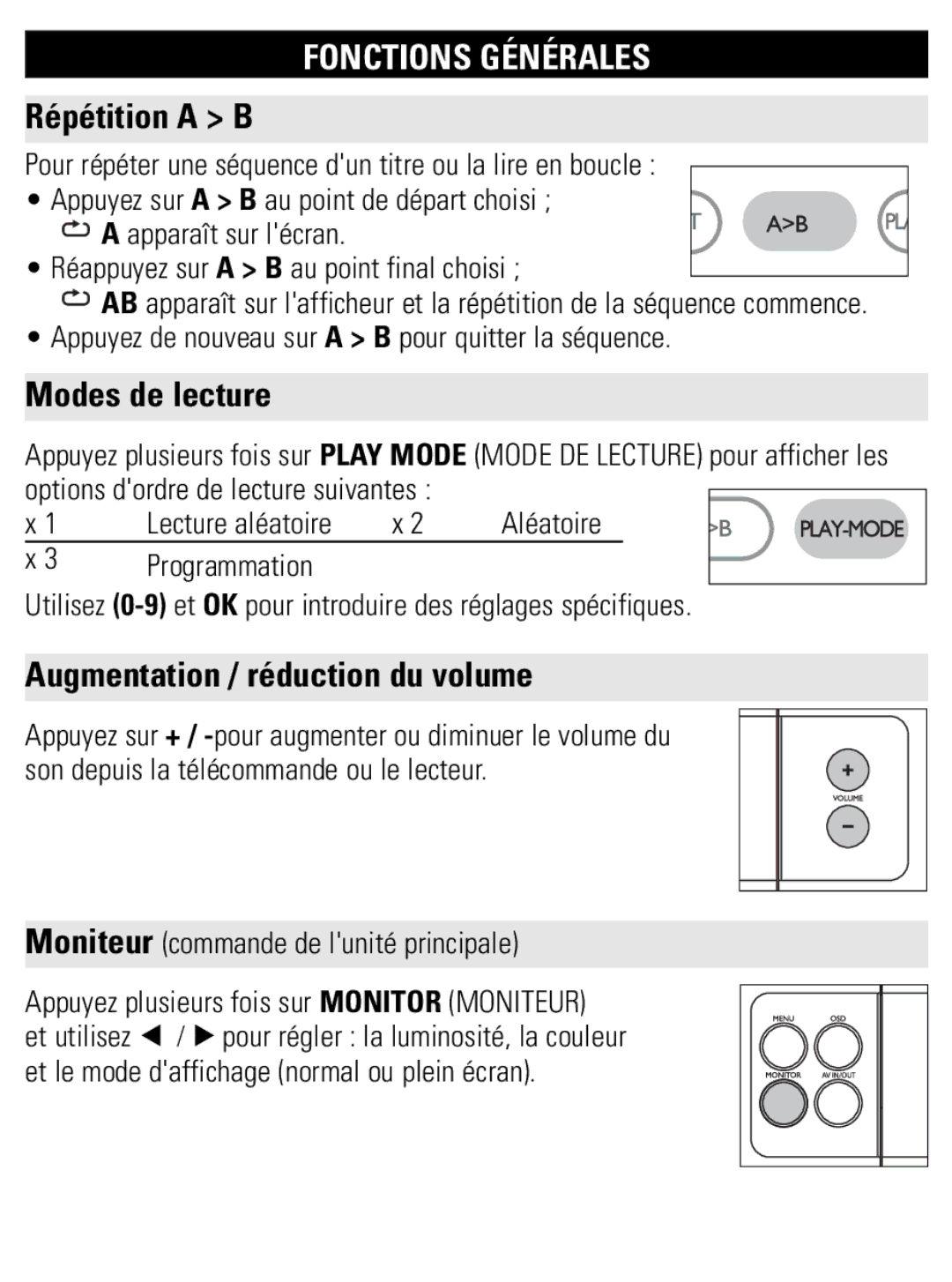 Philips PET821 PET825 user manual Répétition a B, Modes de lecture, Augmentation / réduction du volume, Lecture aléatoire 