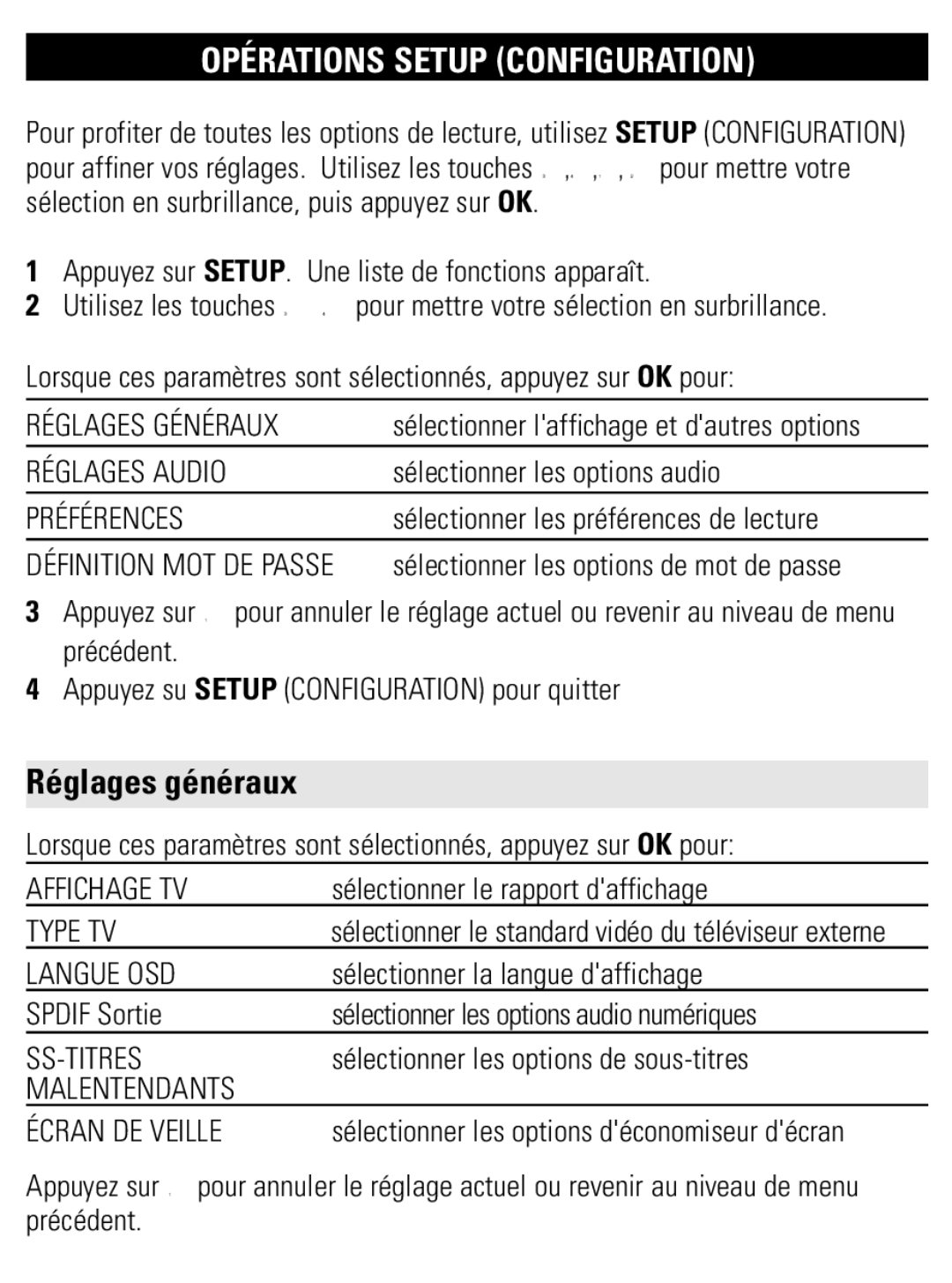 Philips PET821 PET825 user manual Opérations Setup Configuration, Réglages généraux 