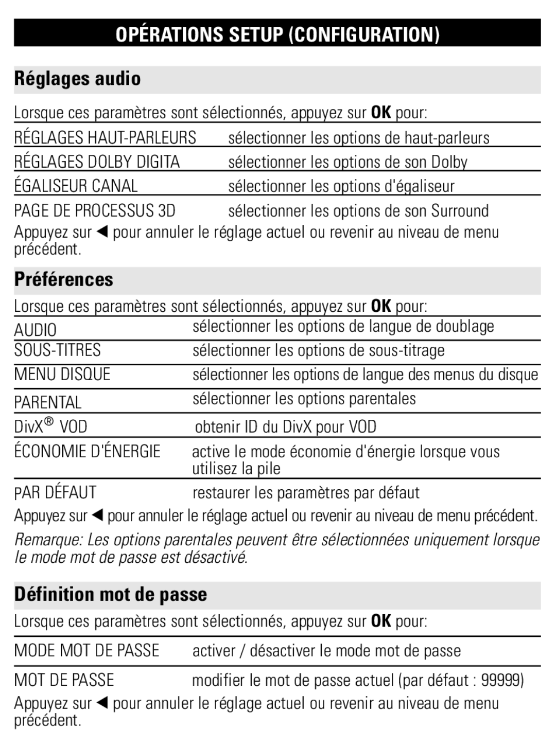 Philips PET821 PET825 user manual Réglages audio, Préférences, Définition mot de passe 