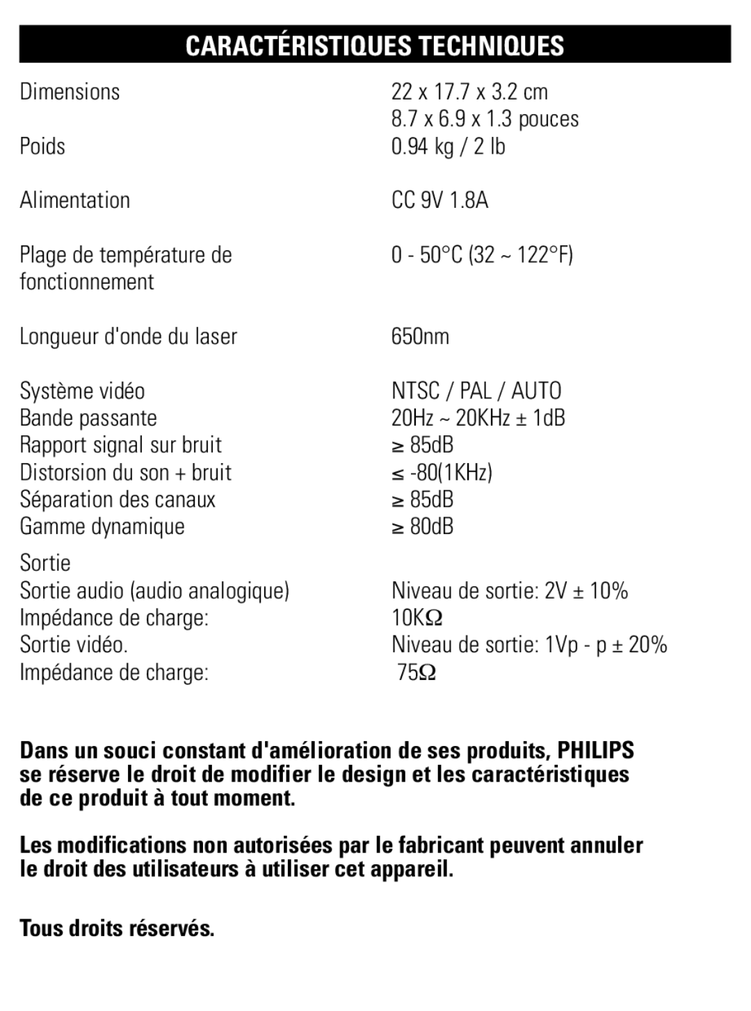 Philips PET821 PET825 user manual Caractéristiques Techniques, Tous droits réservés 