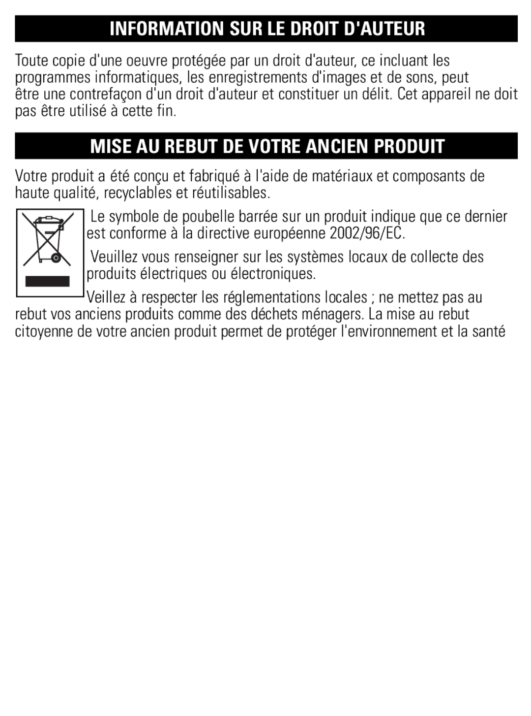 Philips PET821 PET825 user manual Information SUR LE Droit Dauteur, Mise AU Rebut DE Votre Ancien Produit 