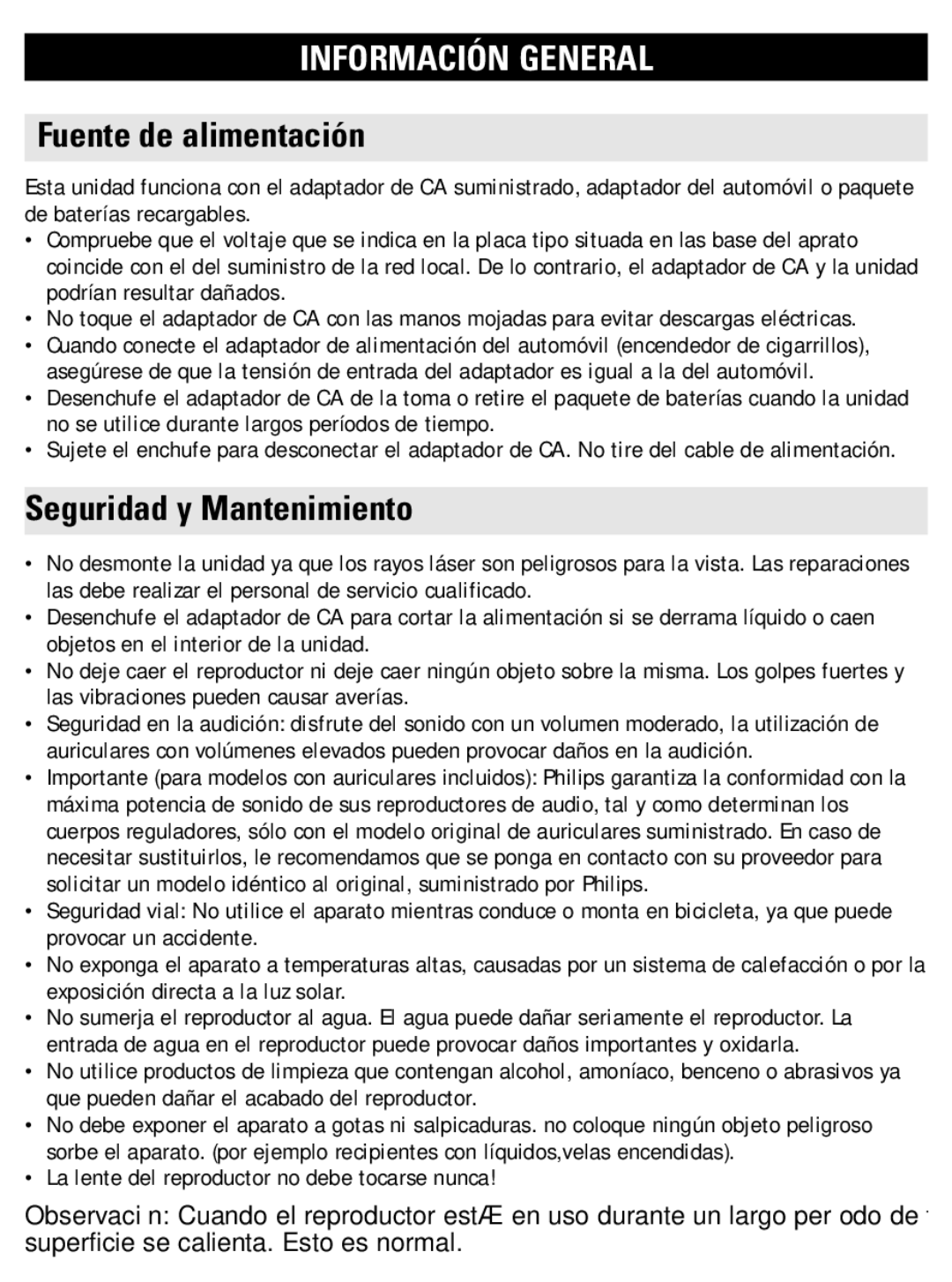 Philips PET821 PET825 user manual Información General, Fuente de alimentación, Seguridad y Mantenimiento 