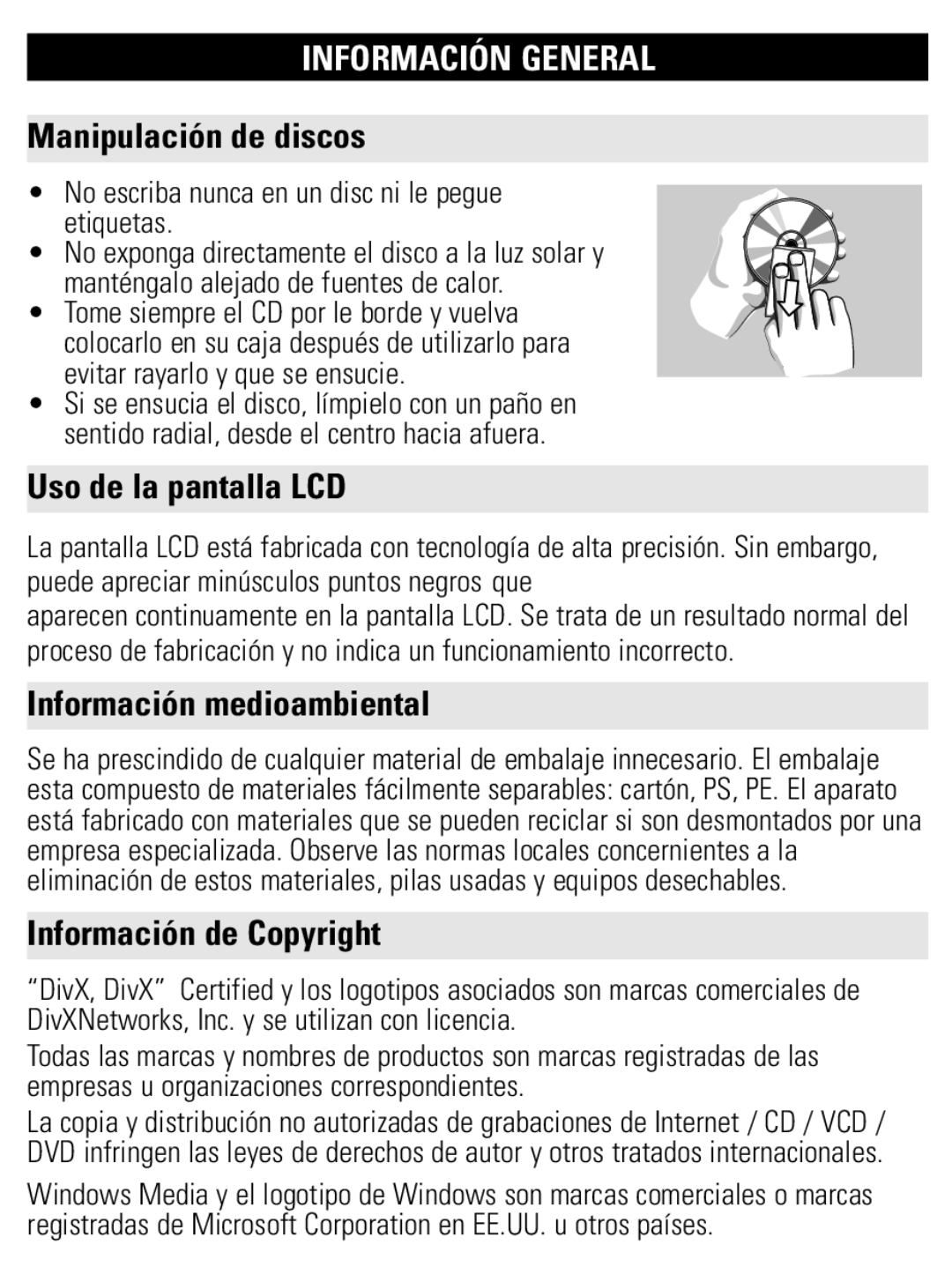 Philips PET821 PET825 Manipulación de discos, Uso de la pantalla LCD, Información medioambiental, Información de Copyright 