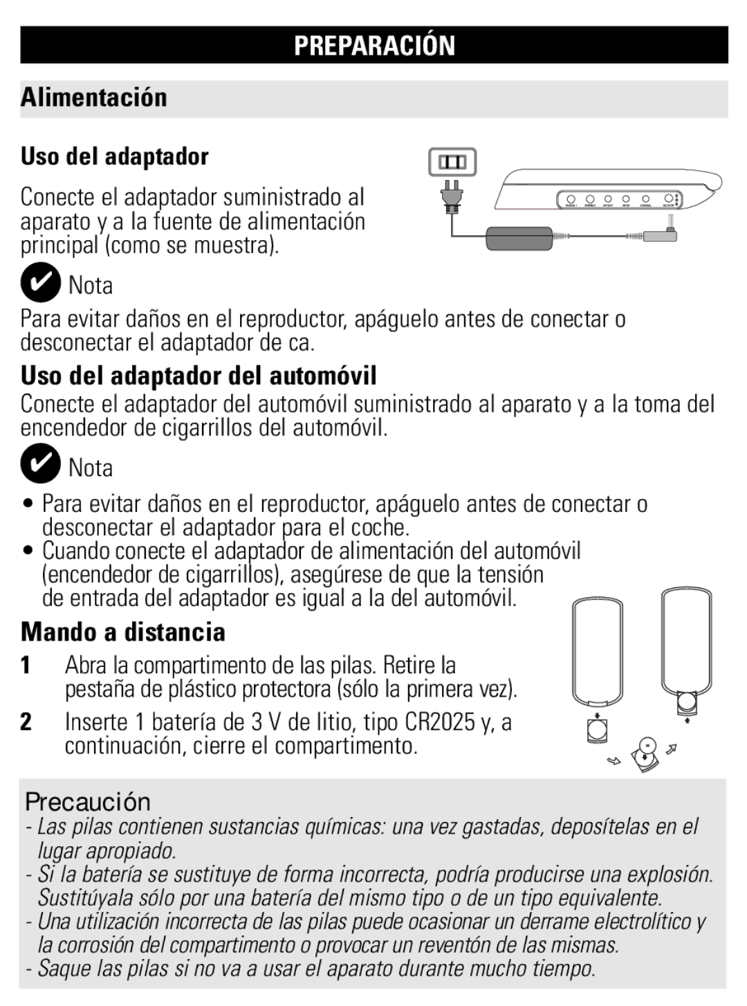 Philips PET821 PET825 user manual Preparación, Alimentación, Uso del adaptador del automóvil, Mando a distancia 