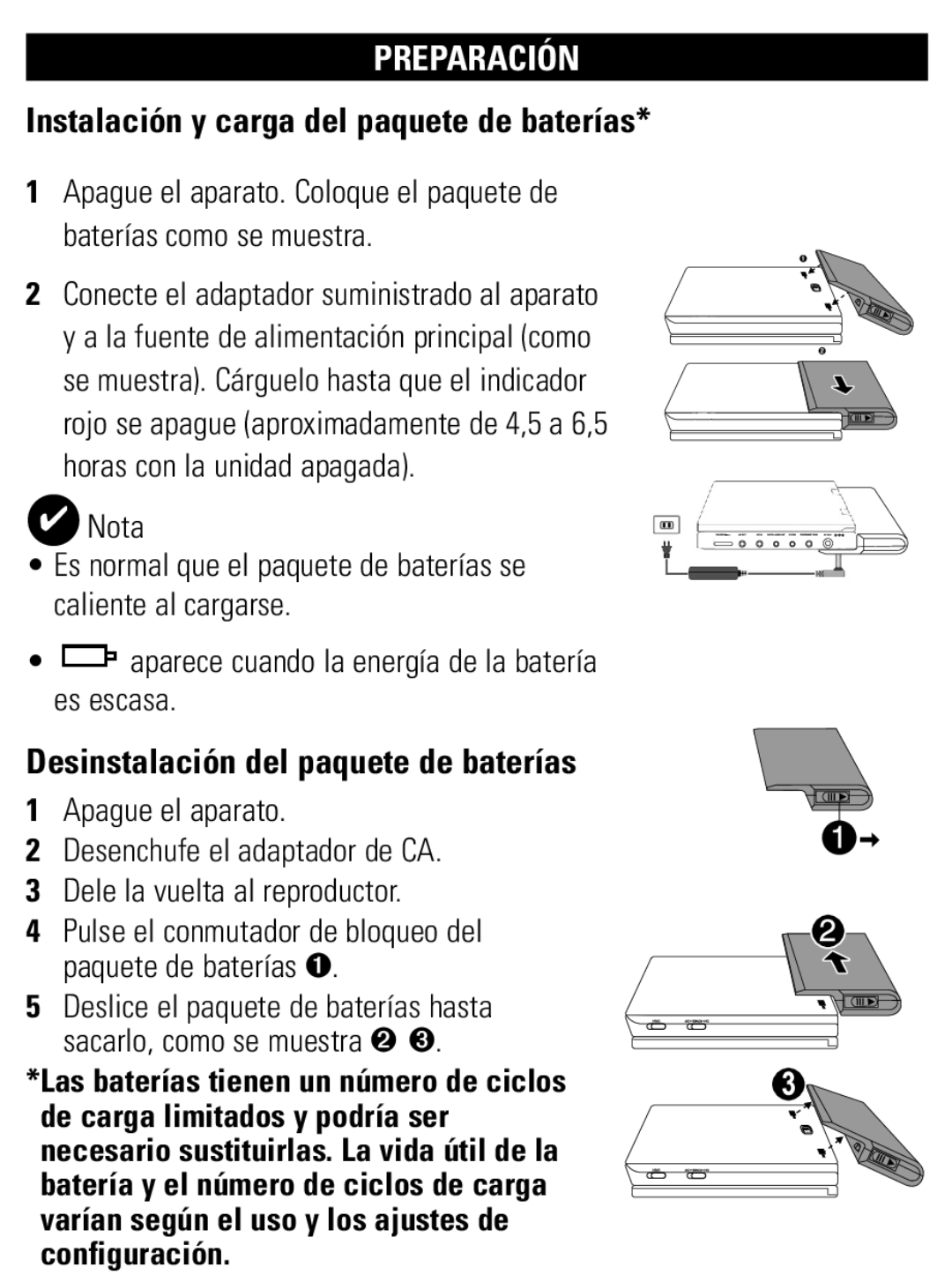 Philips PET821 PET825 user manual Instalación y carga del paquete de baterías, Desinstalación del paquete de baterías 