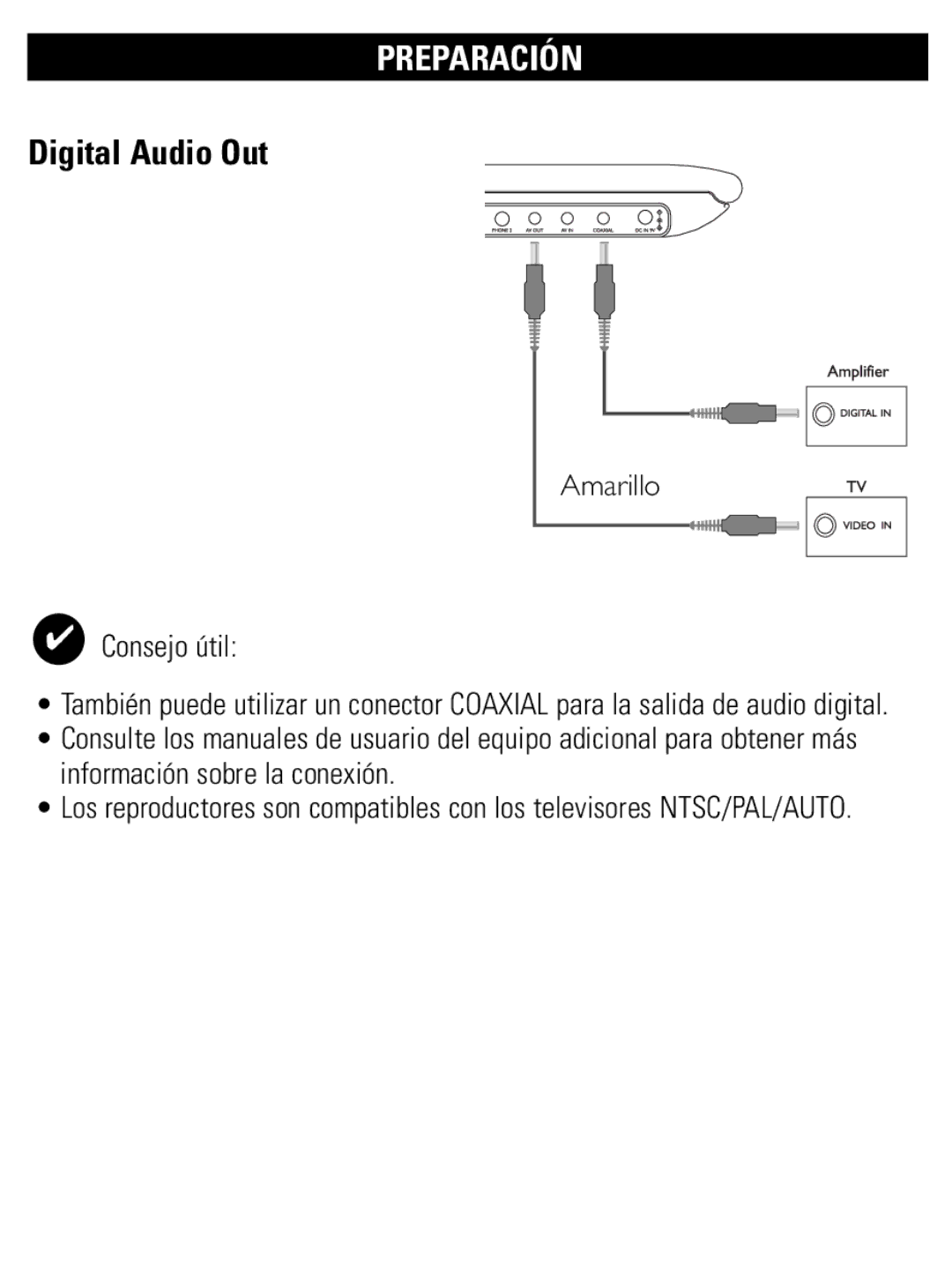 Philips PET821 PET825 user manual Digital Audio Out, Amarillo Consejo útil 