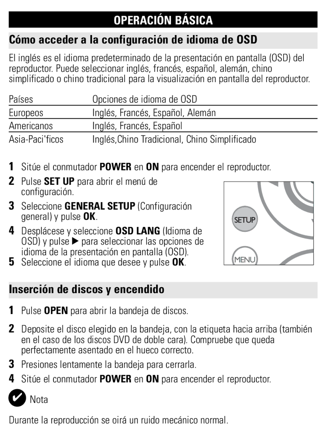 Philips PET821 PET825 Operación Básica, Cómo acceder a la configuración de idioma de OSD, Inserción de discos y encendido 