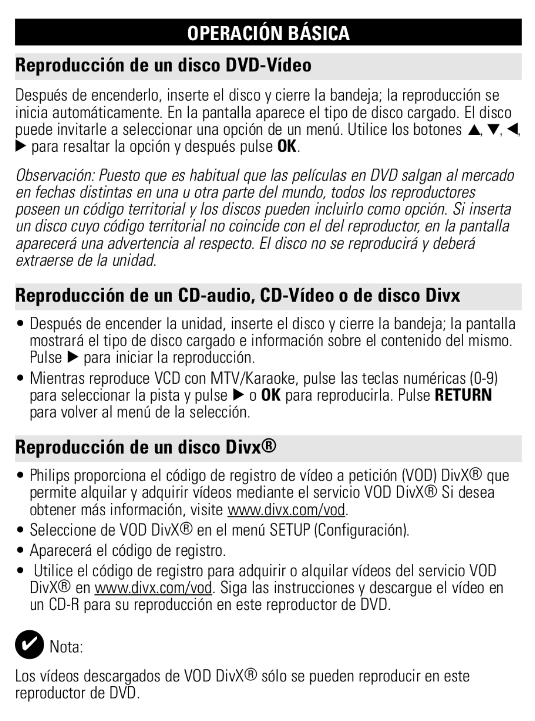 Philips PET821 PET825 user manual Reproducción de un disco DVD-Vídeo, Reproducción de un disco Divx 