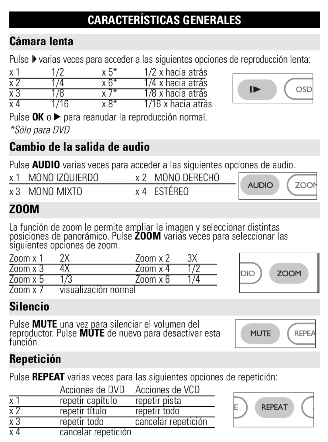 Philips PET821 PET825 user manual Cámara lenta, Cambio de la salida de audio, Silencio, Repetición 