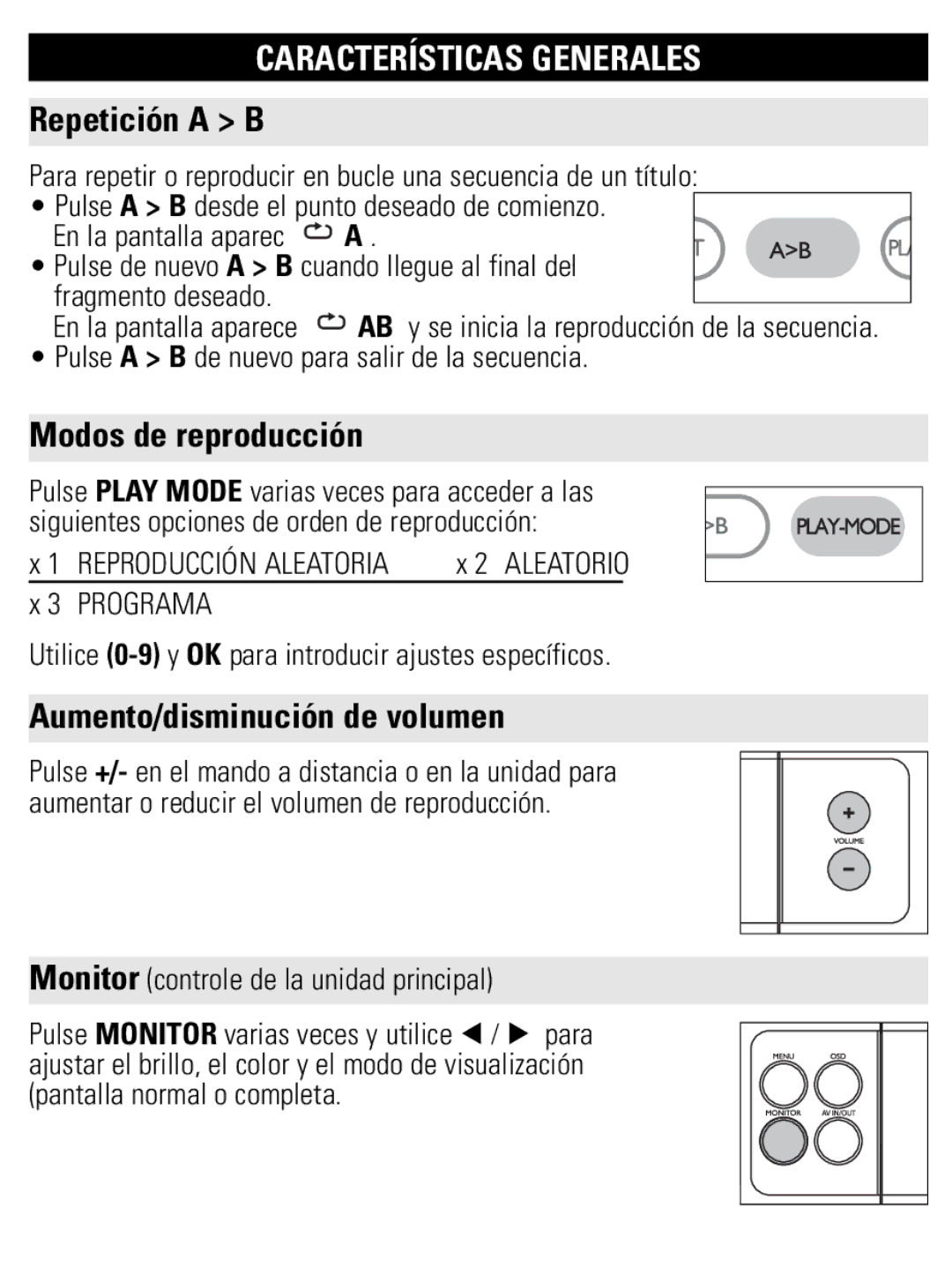 Philips PET821 PET825 user manual Repetición a B, Modos de reproducción, Aumento/disminución de volumen, Programa 