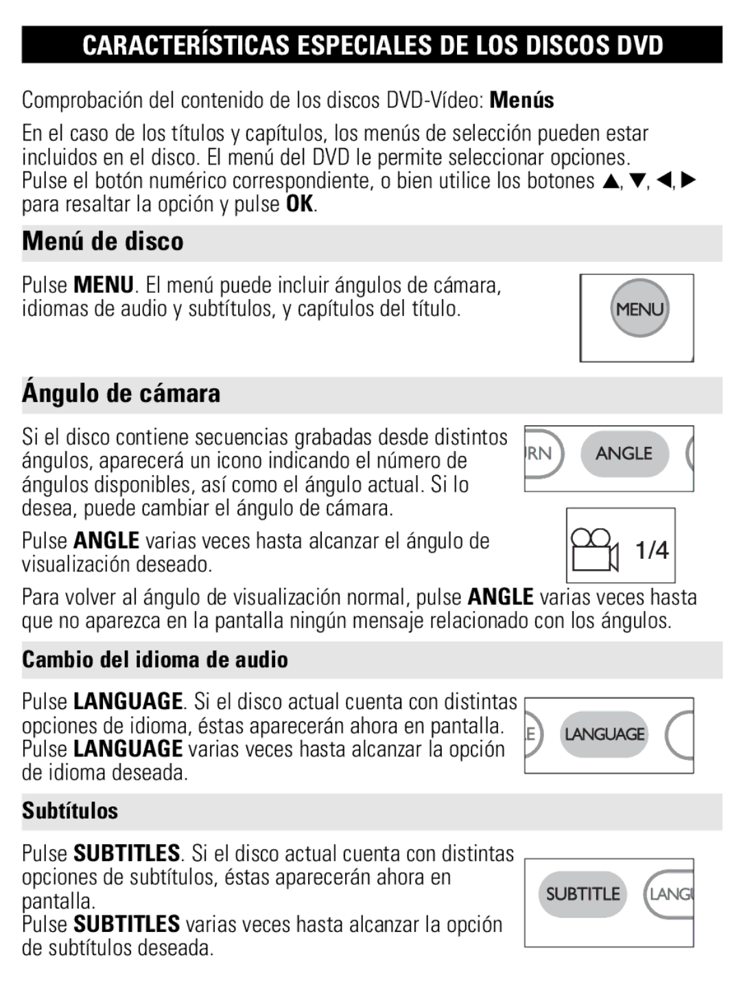 Philips PET821 PET825 user manual Menú de disco, Ángulo de cámara, Cambio del idioma de audio, Subtítulos 