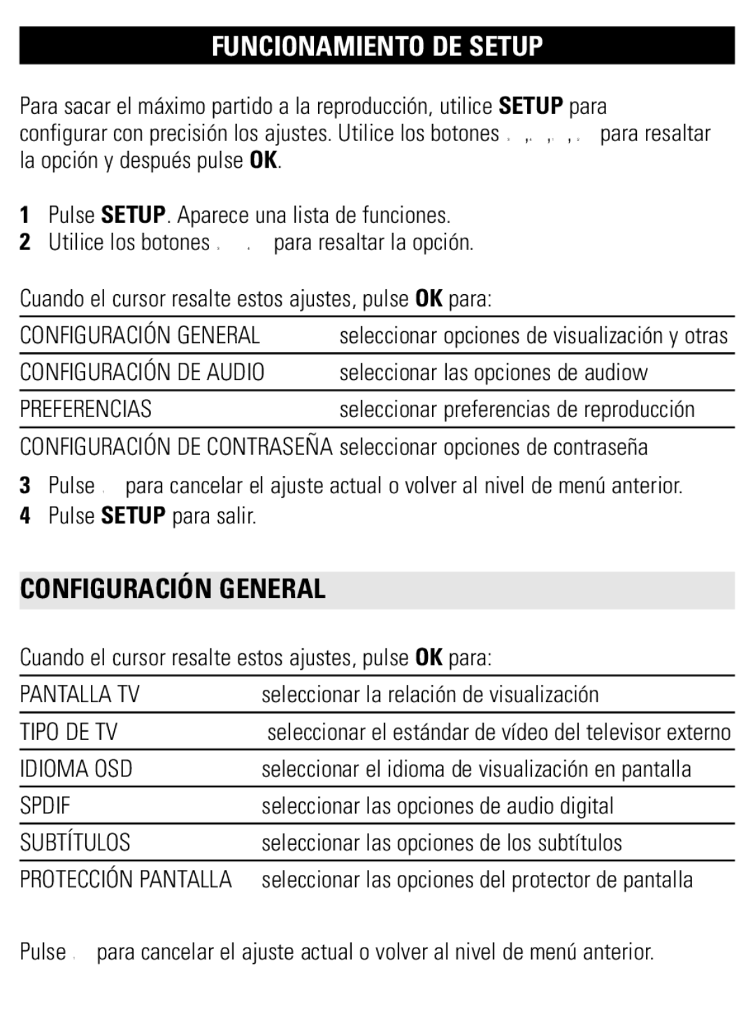 Philips PET821 PET825 user manual Funcionamiento DE Setup, Preferencias, Pantalla TV, Tipo DE TV, Idioma OSD 