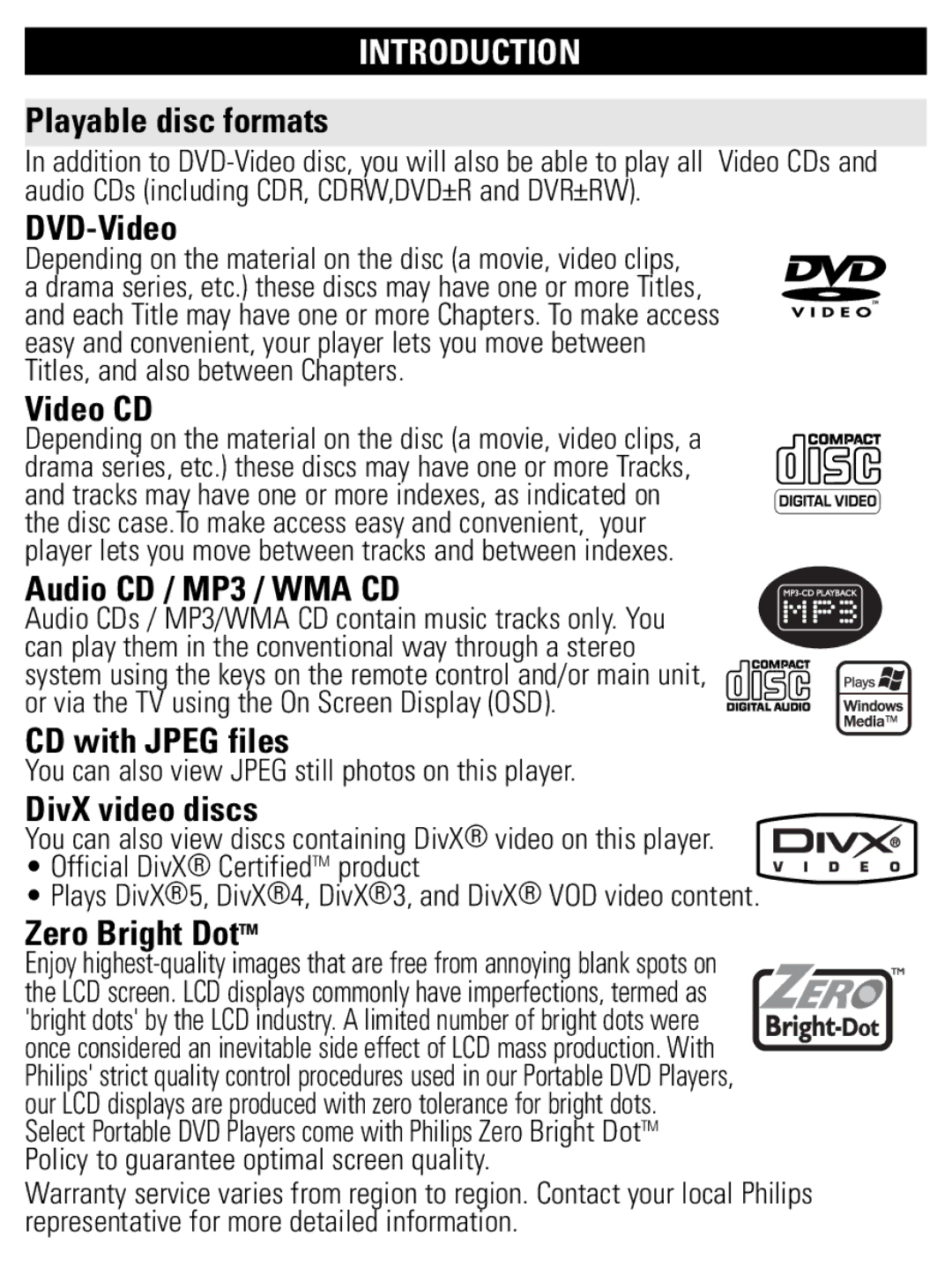 Philips PET821 PET825 user manual Playable disc formats, DVD-Video, Video CD, Audio CD / MP3 / WMA CD, CD with Jpeg files 