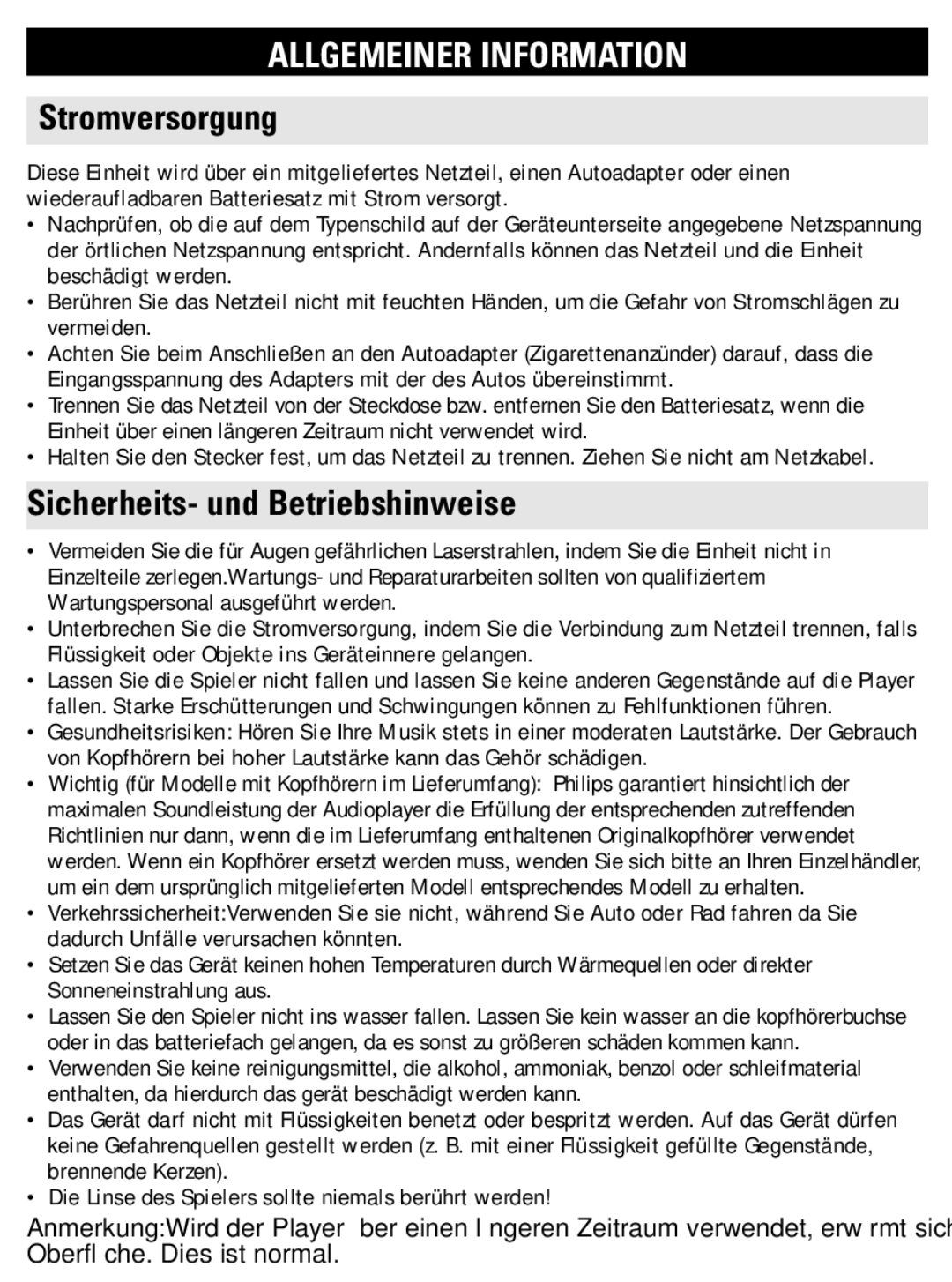 Philips PET821 PET825 user manual Allgemeiner Information, Stromversorgung, Sicherheits- und Betriebshinweise 