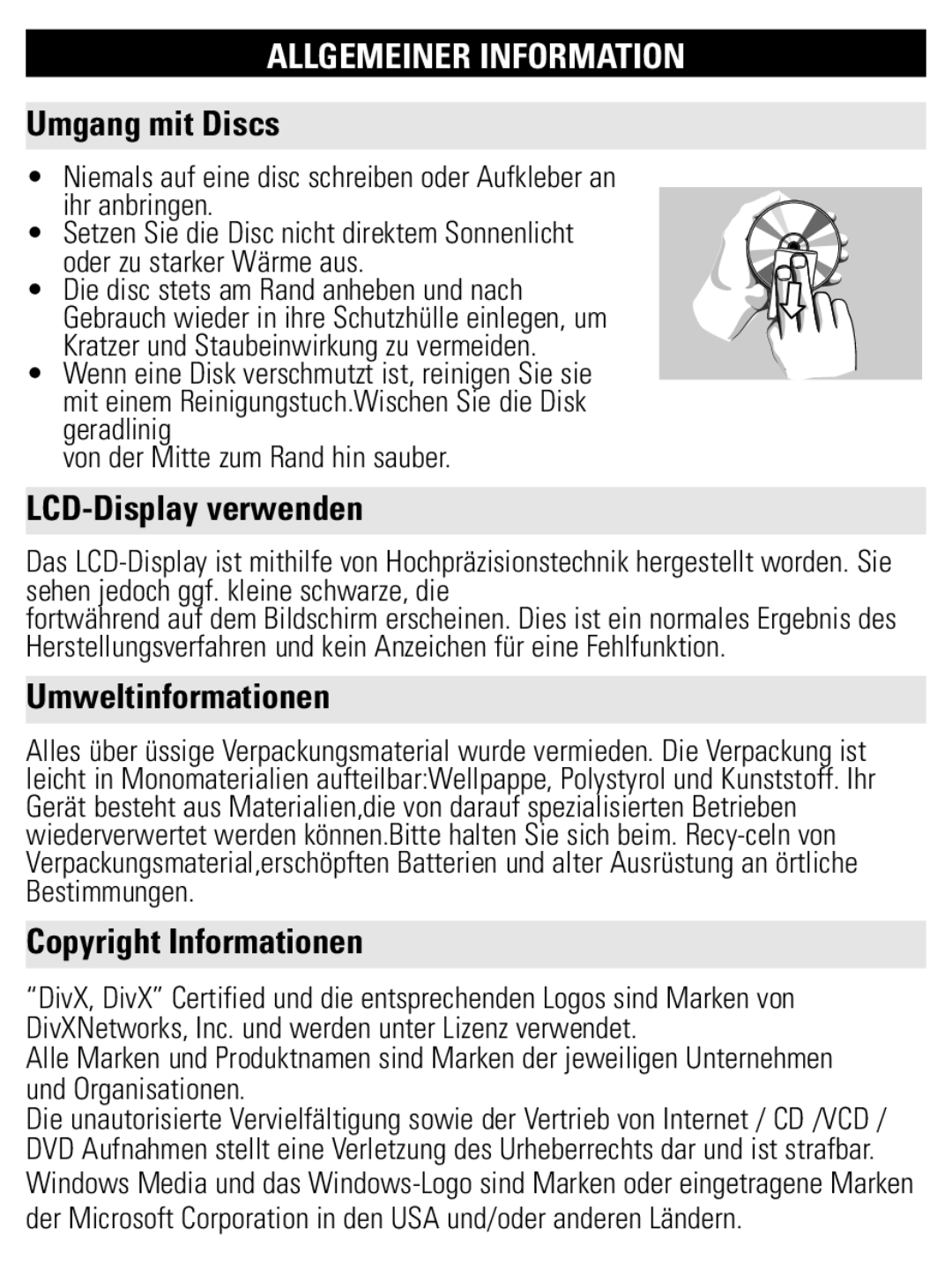 Philips PET821 PET825 user manual Umgang mit Discs, LCD-Display verwenden, Umweltinformationen, Copyright Informationen 