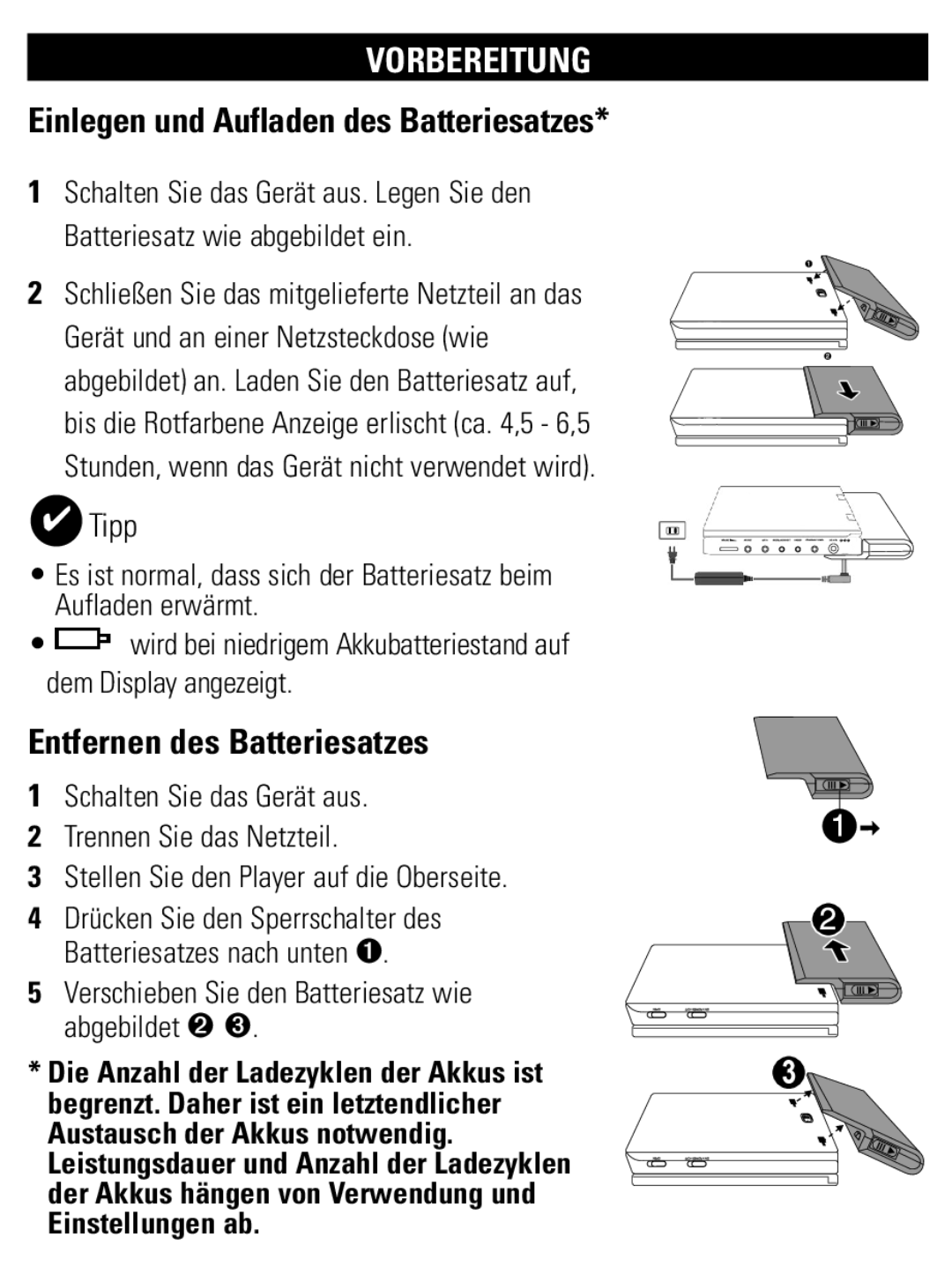 Philips PET821 PET825 user manual Einlegen und Aufladen des Batteriesatzes, Entfernen des Batteriesatzes 