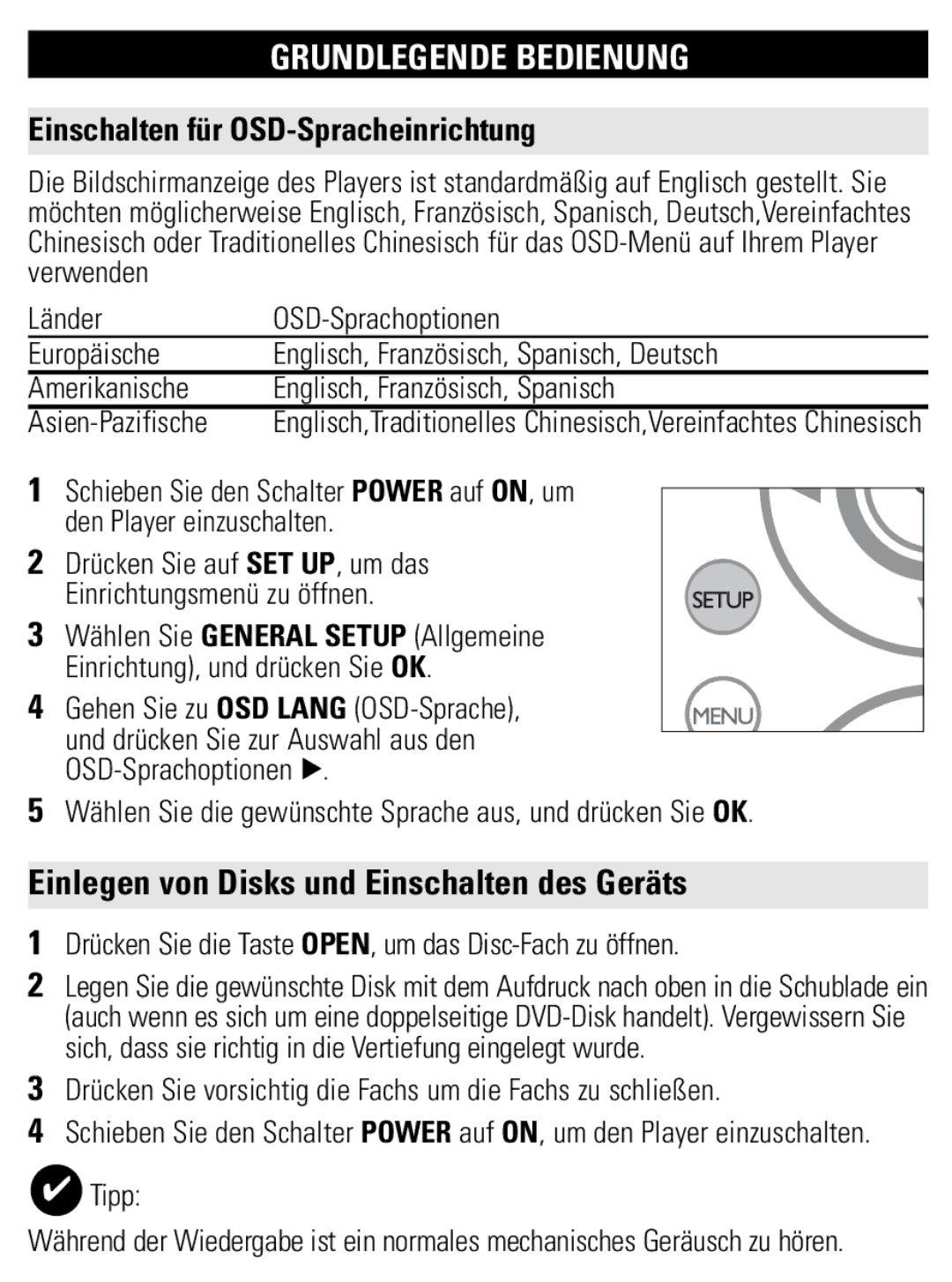 Philips PET821 PET825 user manual Grundlegende Bedienung, Einlegen von Disks und Einschalten des Geräts 