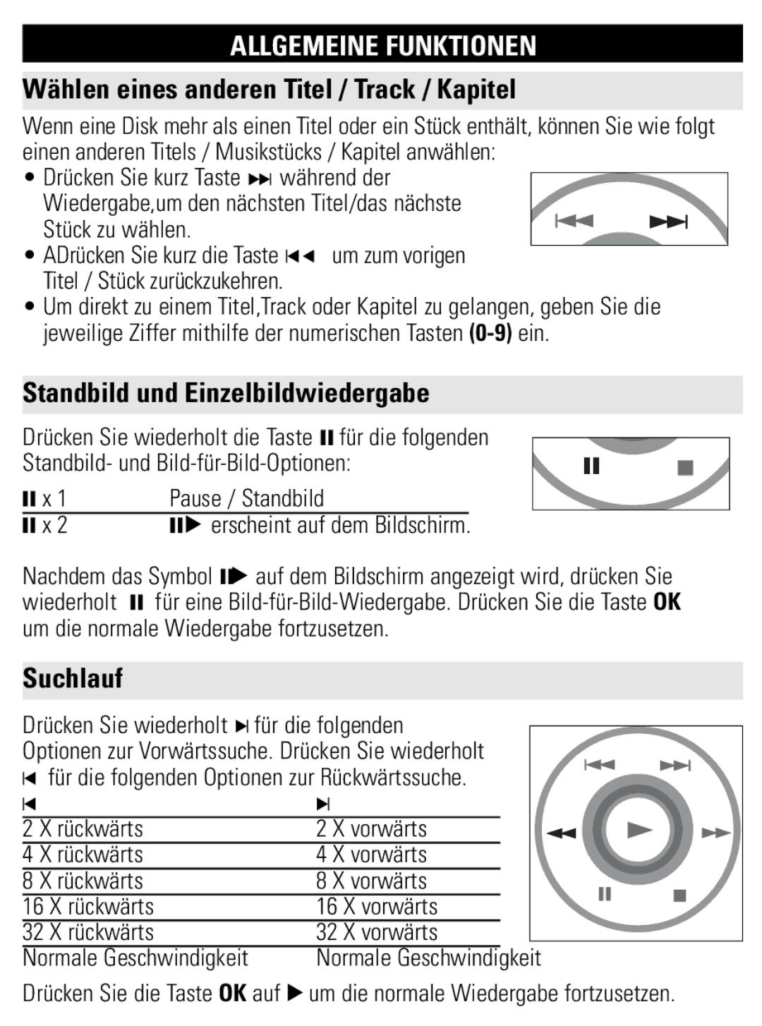 Philips PET821 PET825 user manual Allgemeine Funktionen, Wählen eines anderen Titel / Track / Kapitel, Suchlauf 