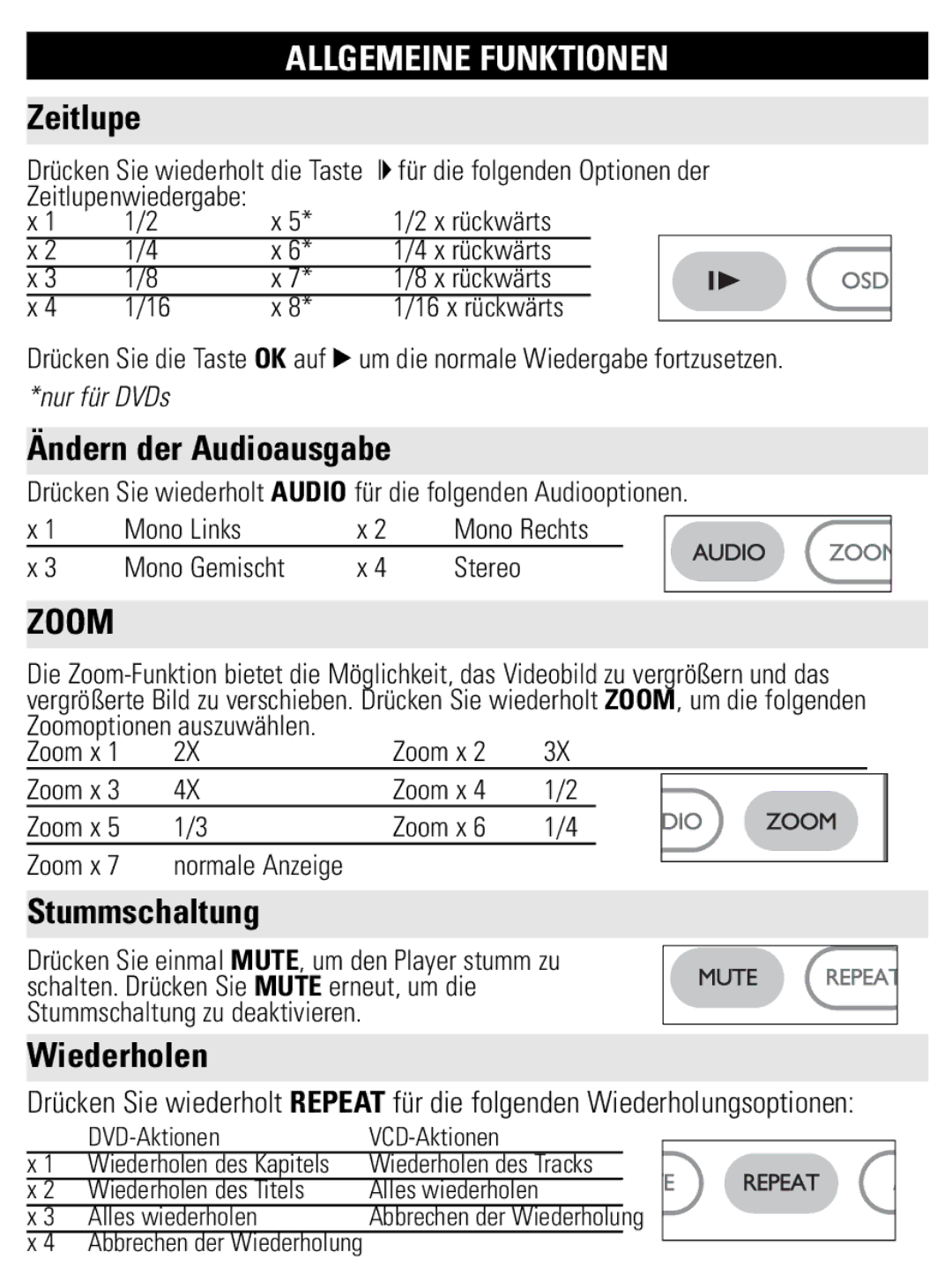 Philips PET821 PET825 user manual Zeitlupe, Ändern der Audioausgabe, Stummschaltung, Wiederholen 