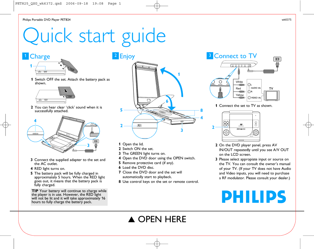 Philips PET824/17B quick start Quick start guide, Philips Portable DVD Player PET824 