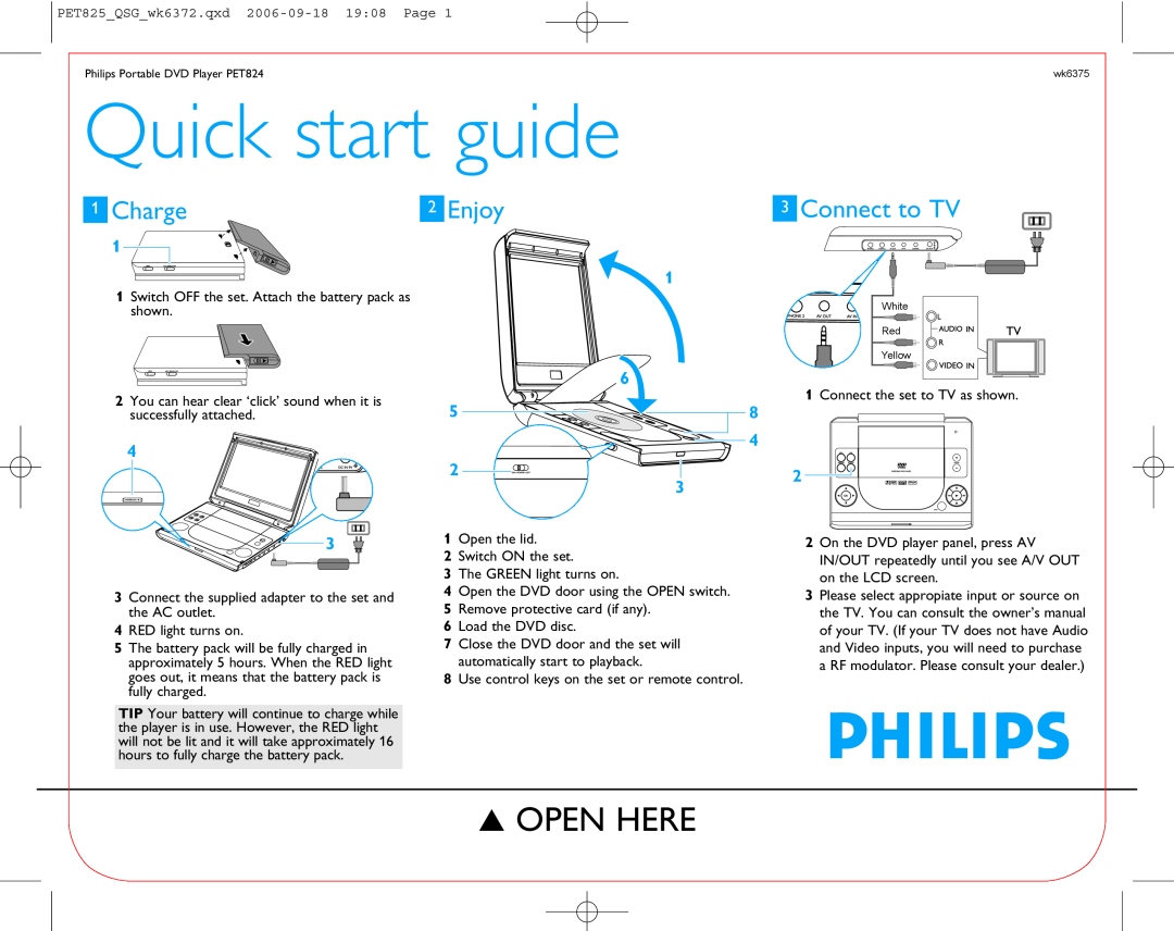 Philips PET824/17B quick start Quick start guide, Open Here, Charge, Enjoy, Connect to TV 