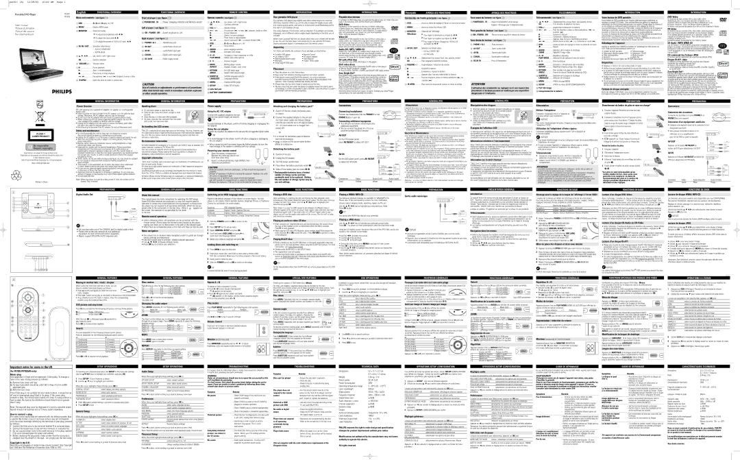 Philips PET825/05 user manual Main unit controls see figure, Power Sources, Safety and maintenance, Digital Audio Out 