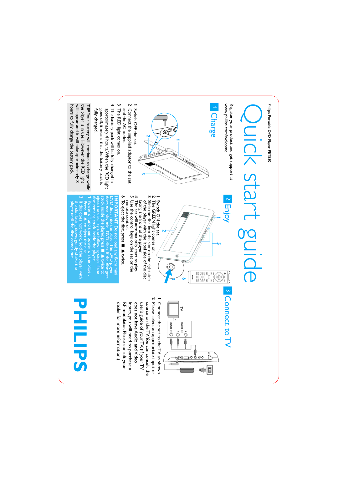 Philips PET830/93 quick start Quick start guide, Charge, Enjoy, Connect to TV, Connect the set to the TV as shown 