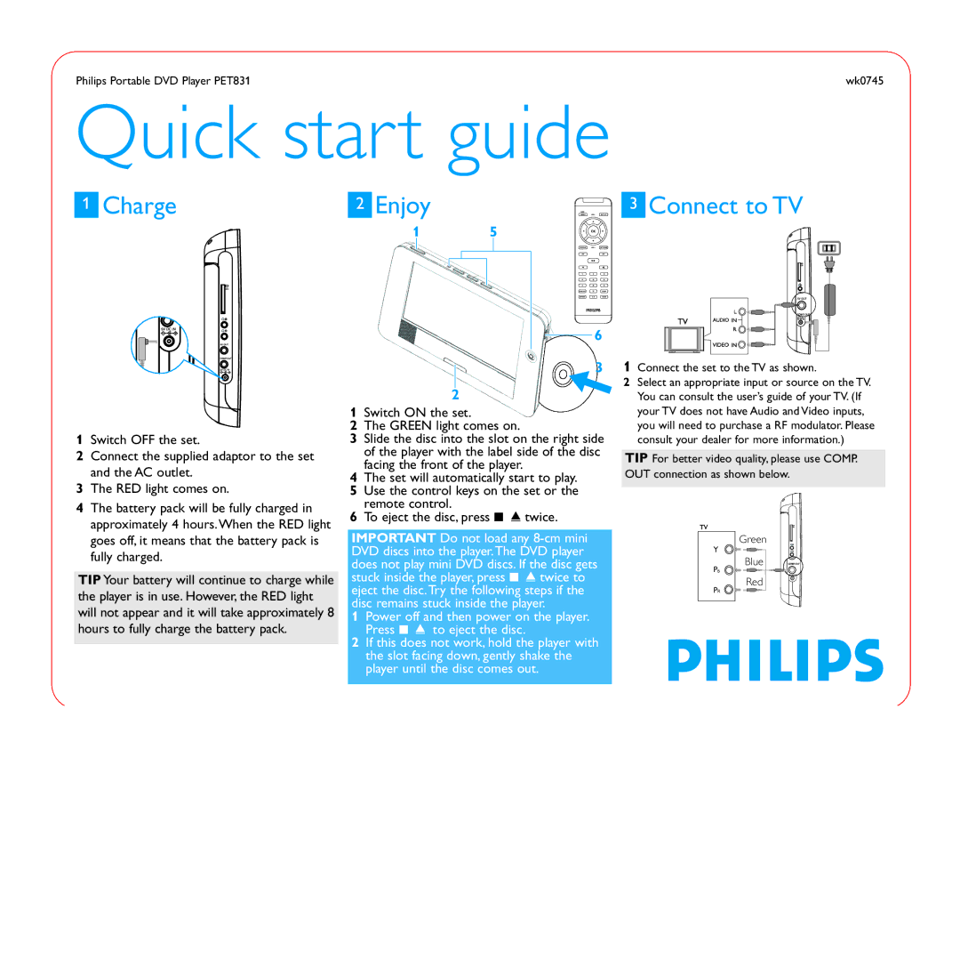 Philips PET831/05 quick start Quick start guide, Charge, Enjoy, Connect to TV 