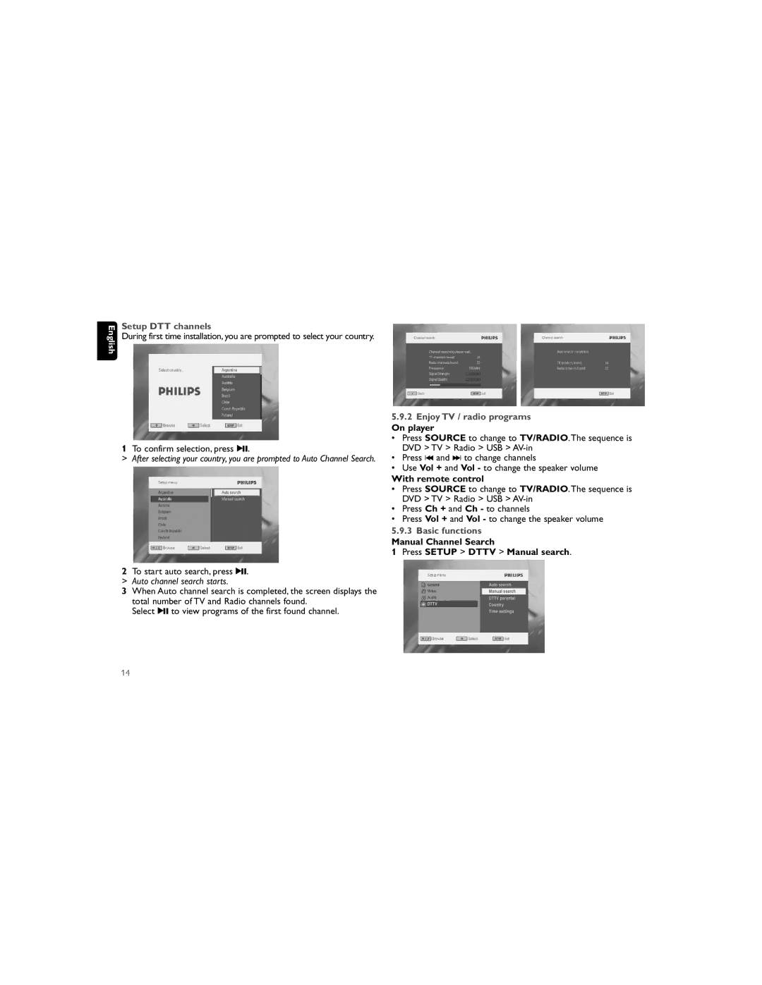 Philips PET836/12 Setup DTT channels, Enjoy TV / radio programs On player, With remote control, Basic functions 