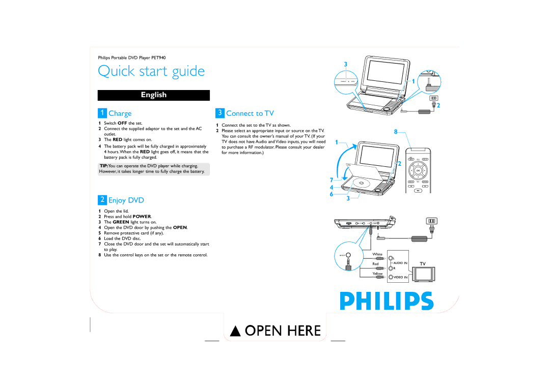 Philips PET940/05 quick start Quick start guide, English, Charge, Enjoy DVD, Connect to TV 