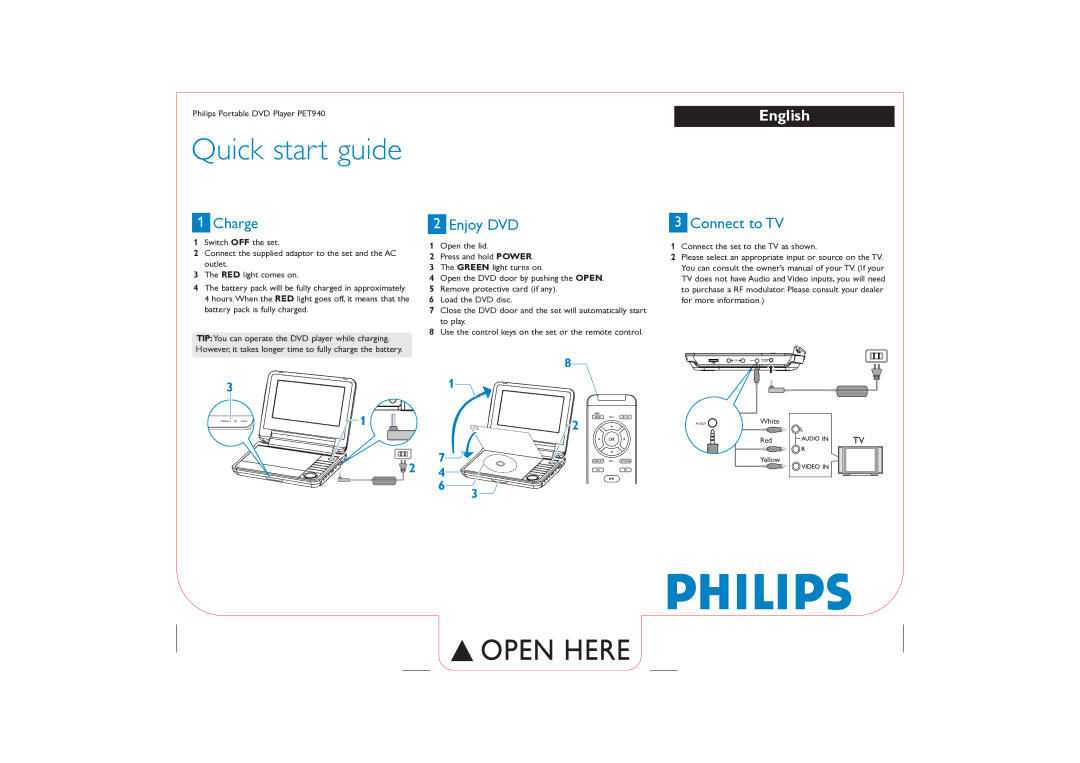 Philips PET940/93 quick start Quick start guide, Charge, Enjoy DVD, Connect to TV 