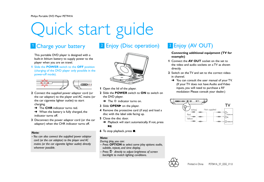 Philips PET941A quick start Quick start guide, Charge your battery, Enjoy AV OUT, During play, you can 