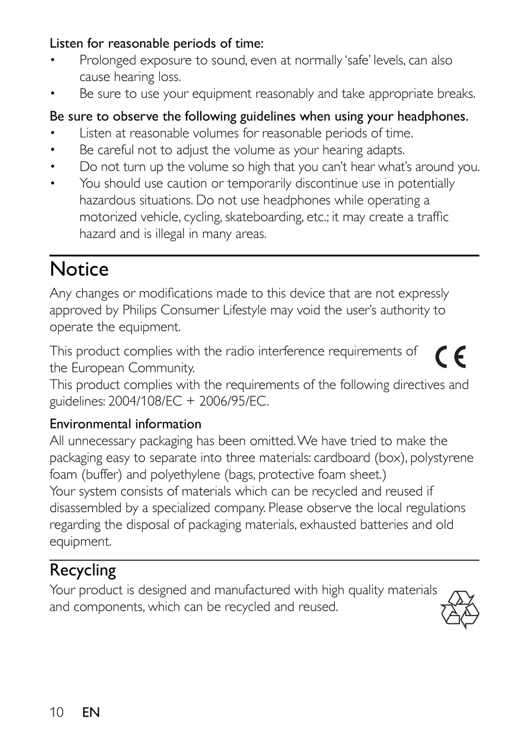 Philips PET941A/37 user manual Recycling 