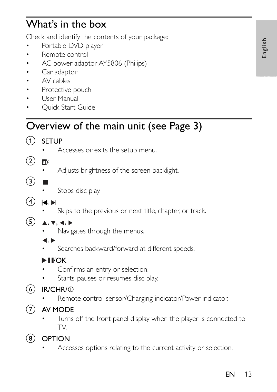 Philips PET941A/37 user manual What’s in the box, Overview of the main unit see 