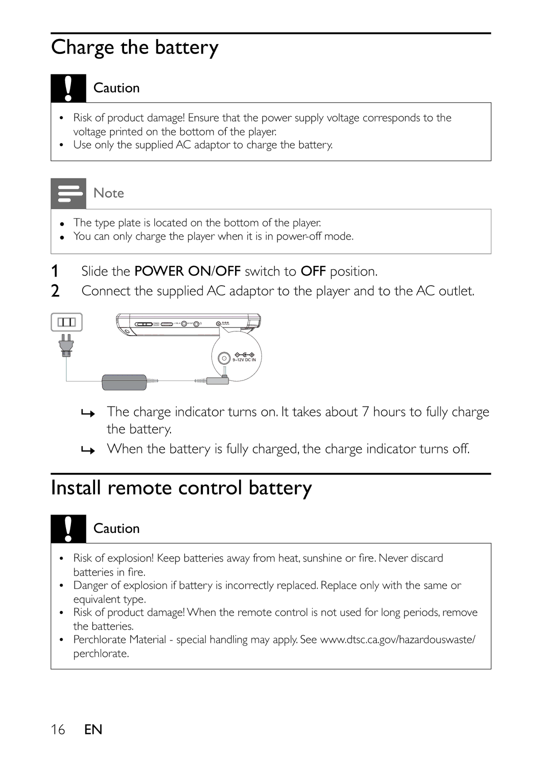 Philips PET941A/37 user manual Charge the battery, Install remote control battery 