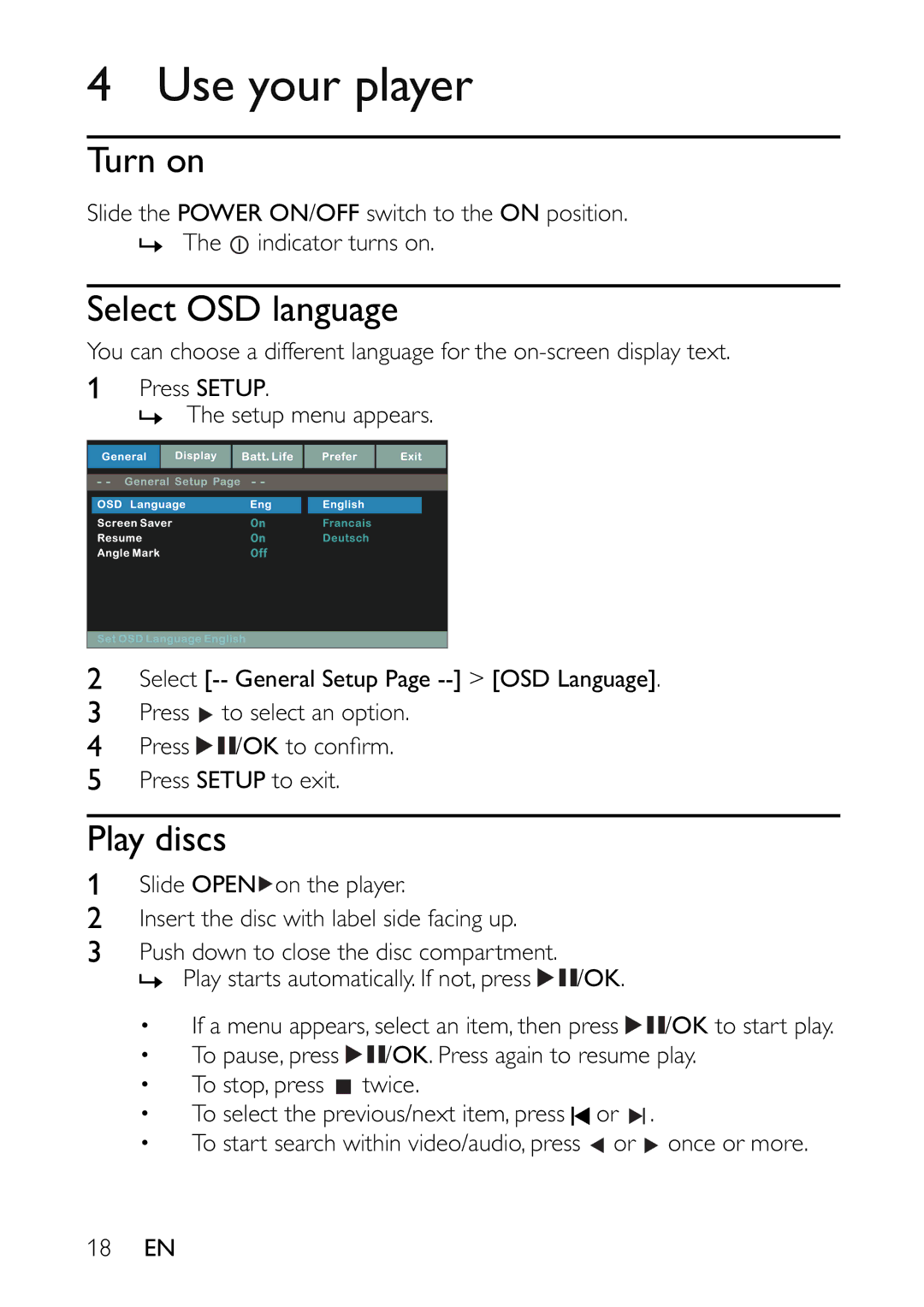 Philips PET941A/37 user manual Use your player, Turn on, Select OSD language, Play discs 