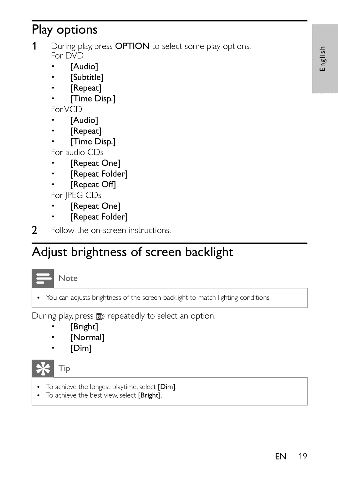 Philips PET941A/37 user manual Play options, Adjust brightness of screen backlight 