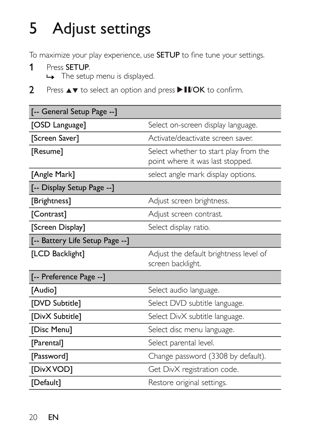 Philips PET941A/37 user manual Adjust settings 