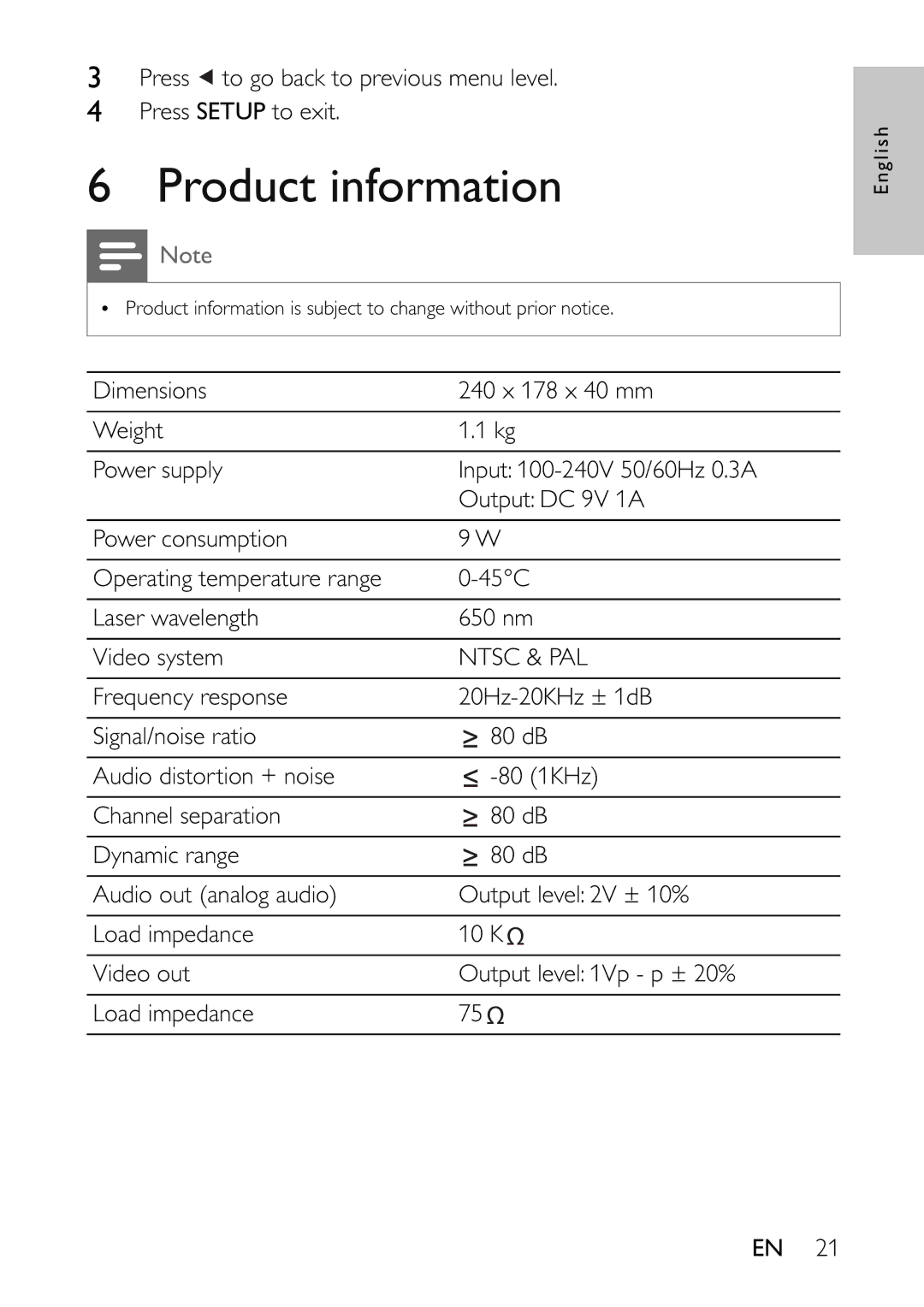 Philips PET941A/37 user manual Product information, Ntsc & PAL 