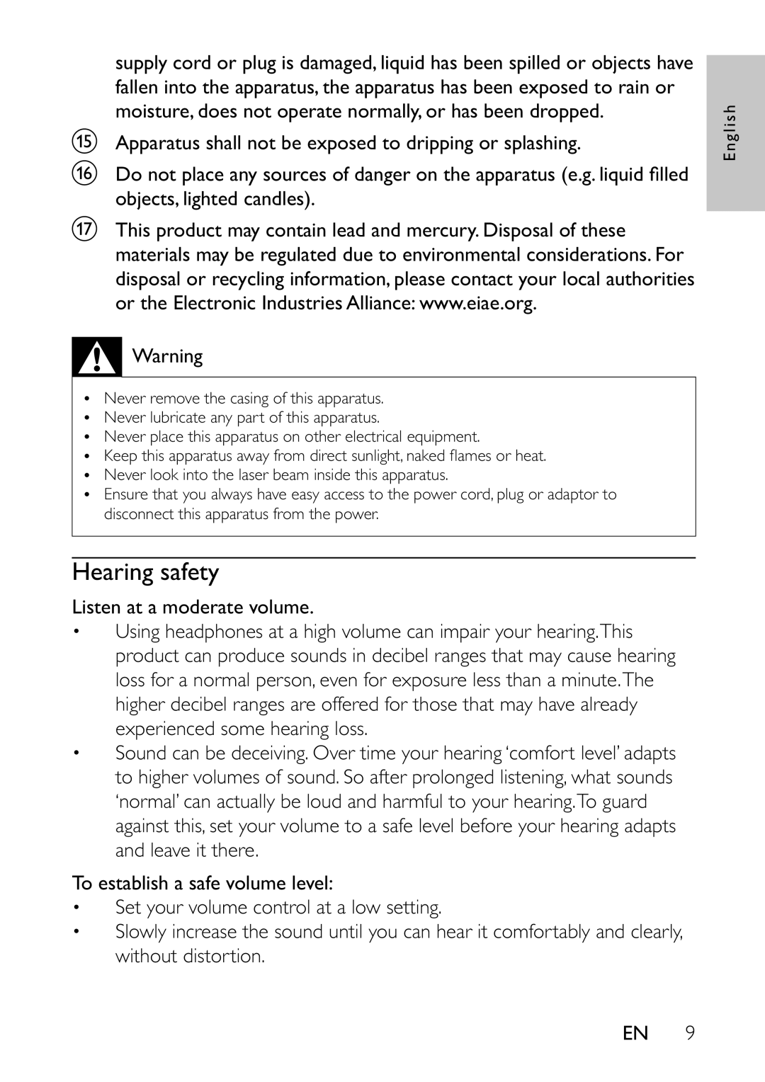 Philips PET941A/37 user manual Hearing safety 