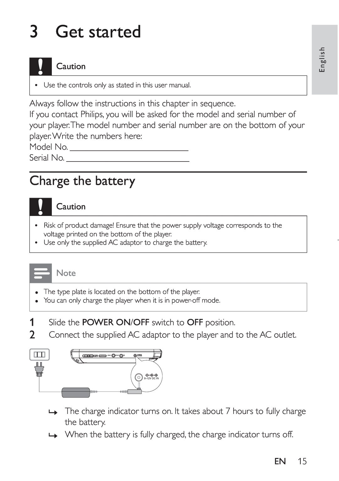 Philips PET941D user manual Get started, Charge the battery 