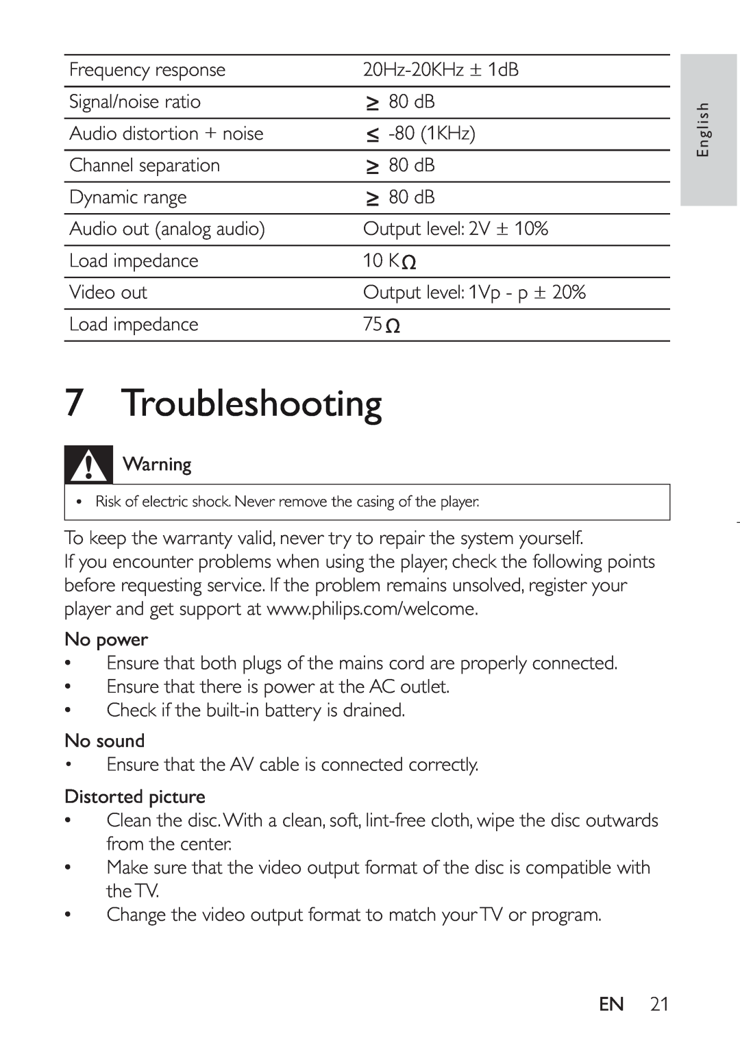 Philips PET941D user manual Troubleshooting, ‡ Risk of electric shock. Never remove the casing of the player 