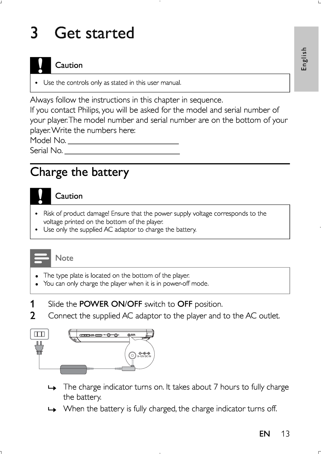 Philips PET941D user manual Get started, Charge the battery 