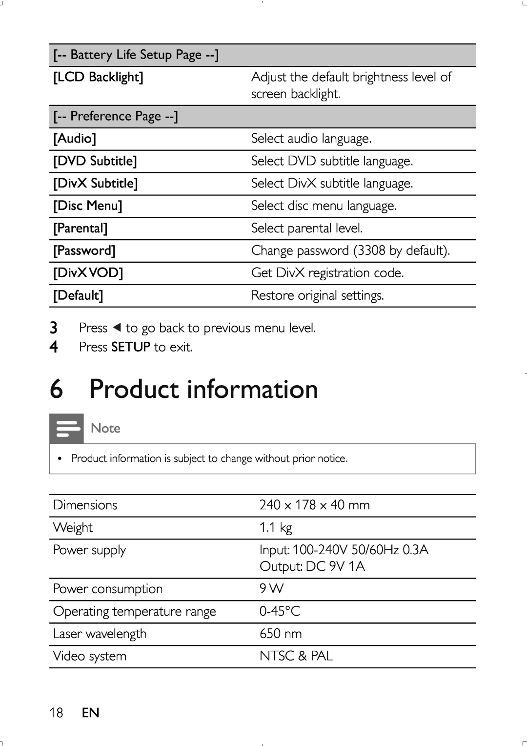 Philips PET941D user manual Product information 