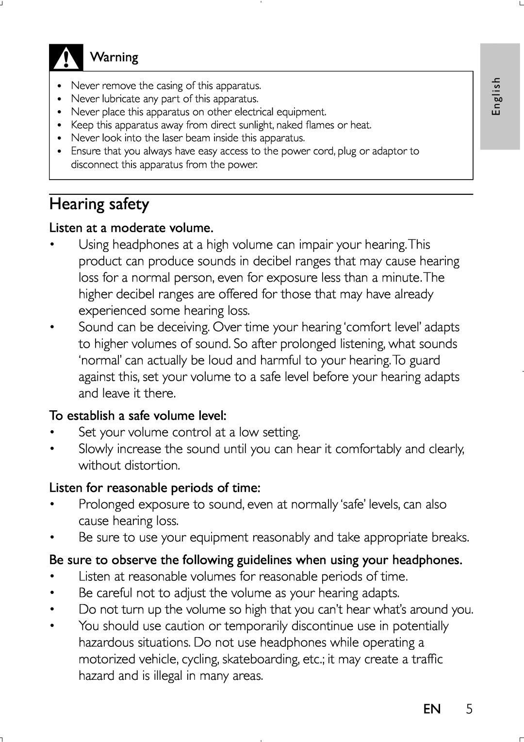 Philips PET941D user manual Hearing safety, Be sure to use your equipment reasonably and take appropriate breaks 