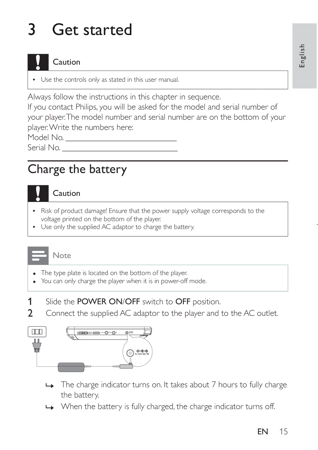 Philips PET941D user manual Get started, Charge the battery 