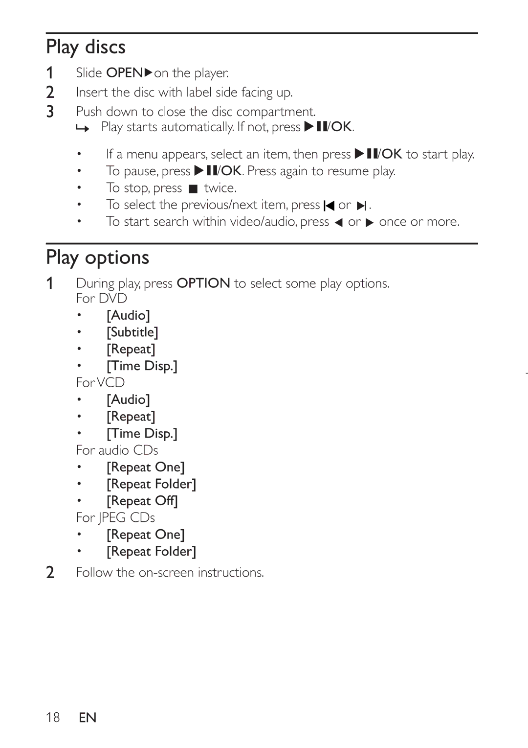 Philips PET941D user manual Play discs, Play options, ‡ 6XEWLWOH@, ‡ 5HSHDWROGHU@ 